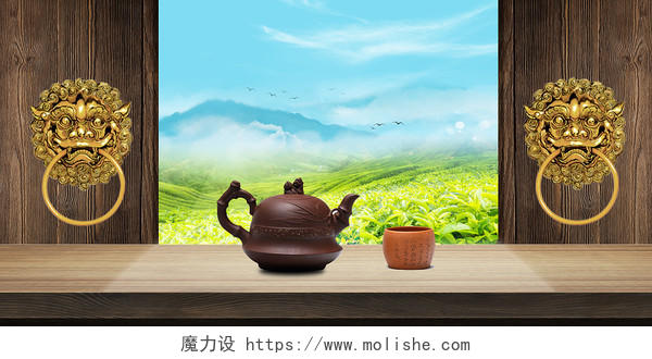 蓝色清新茶茶文化茶道茶壶茶杯大门桌面茶道茶文化茶叶茶艺茶差展